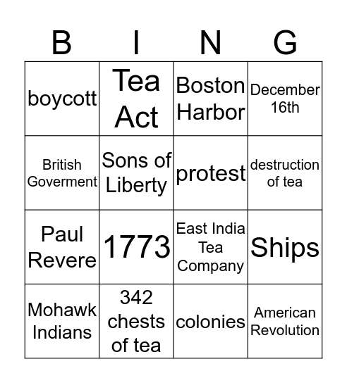 Boston Tea Party Bingo Card