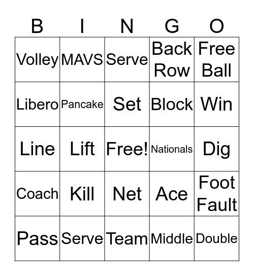 MAVS Volleyball Bingo Card