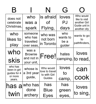 11th Richmond hill Guides Bingo Card