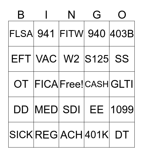 Payroll Bingo Card
