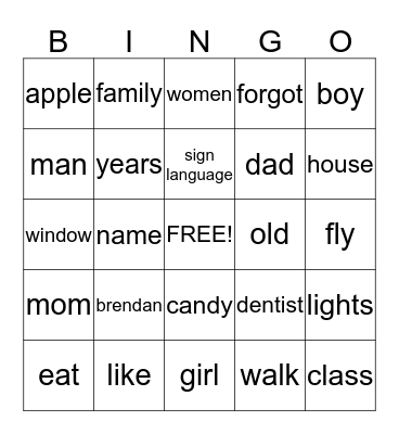 Sign Language Bingo Card