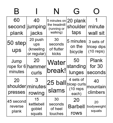 Fitness Bingo Card