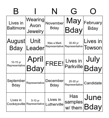 Avon Bingo Card