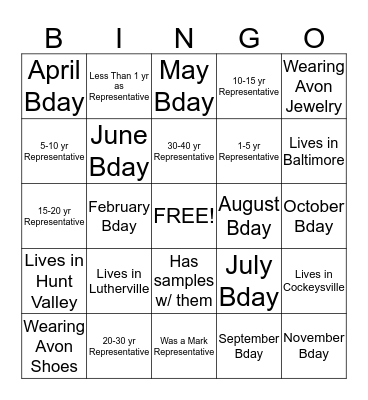 Avon Bingo Card