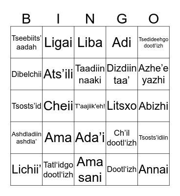 Colors, Numbers and Family Relations Bingo Card