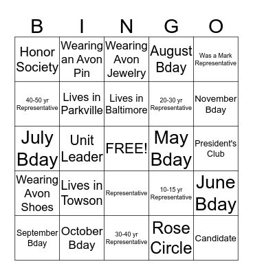 Avon Bingo Card