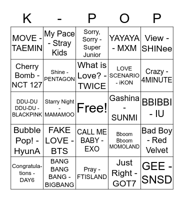 K-POP Bingo Card