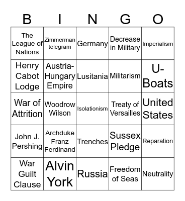 WWI Bingo Card