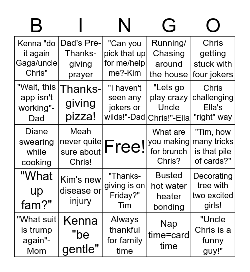 Cline Family Bingo Card