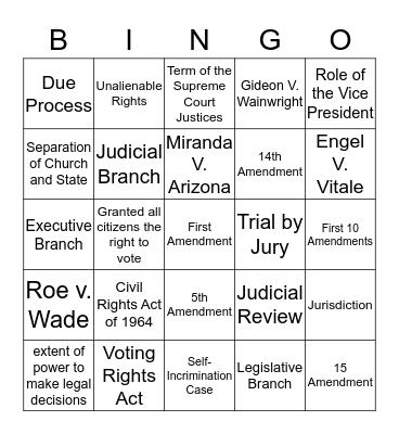 Unit 3: Judicial System and Civil Rights  Bingo Card