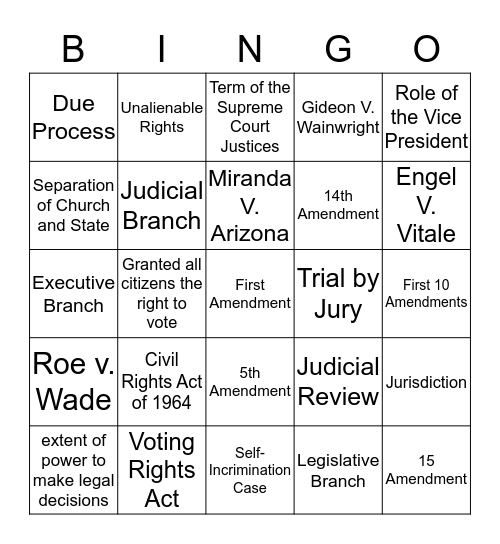 Unit 3: Judicial System and Civil Rights  Bingo Card