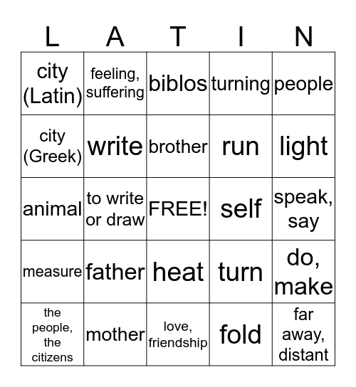 Latin/Greek #78-91 and Review Words Bingo Card