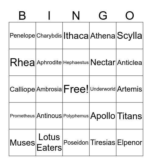 Mythology Bingo Card