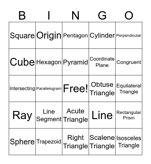 Geometry Bingo Card