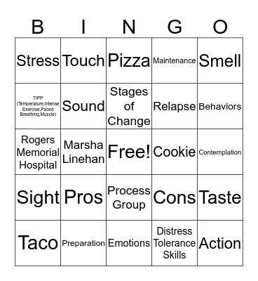 Distress Tolerance Bingo Card