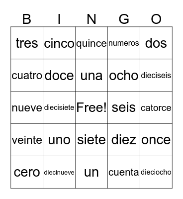 Los numeros cero al veinte Bingo Card