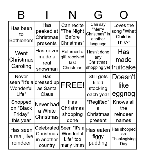 "Find Out Who" Christmas Bingo Card