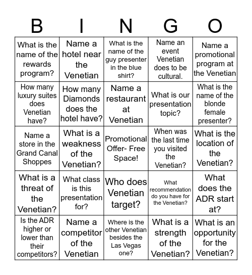 Venetian Group Bingo Card