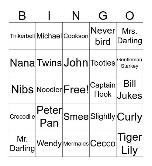 Peter Pan Bingo Card