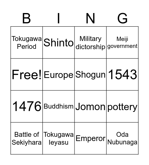Ancient Japan Bingo Card