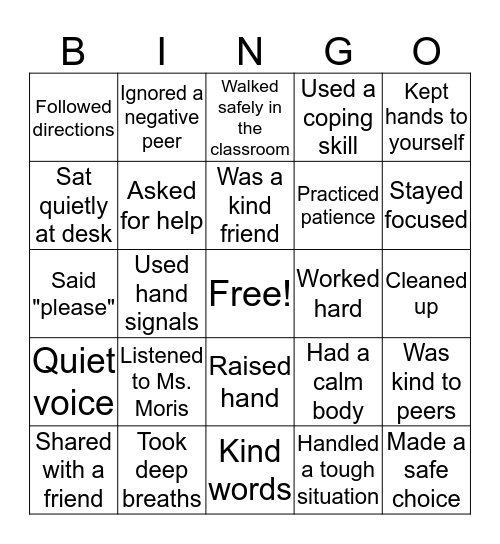 Behavior Bingo Card