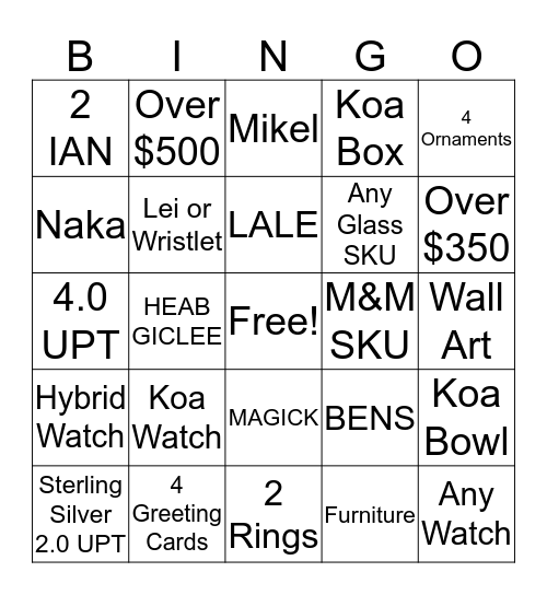 Wailea Bingo Card