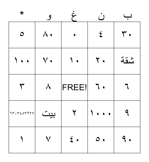 Arabic Bingo Unit 3 Bingo Card