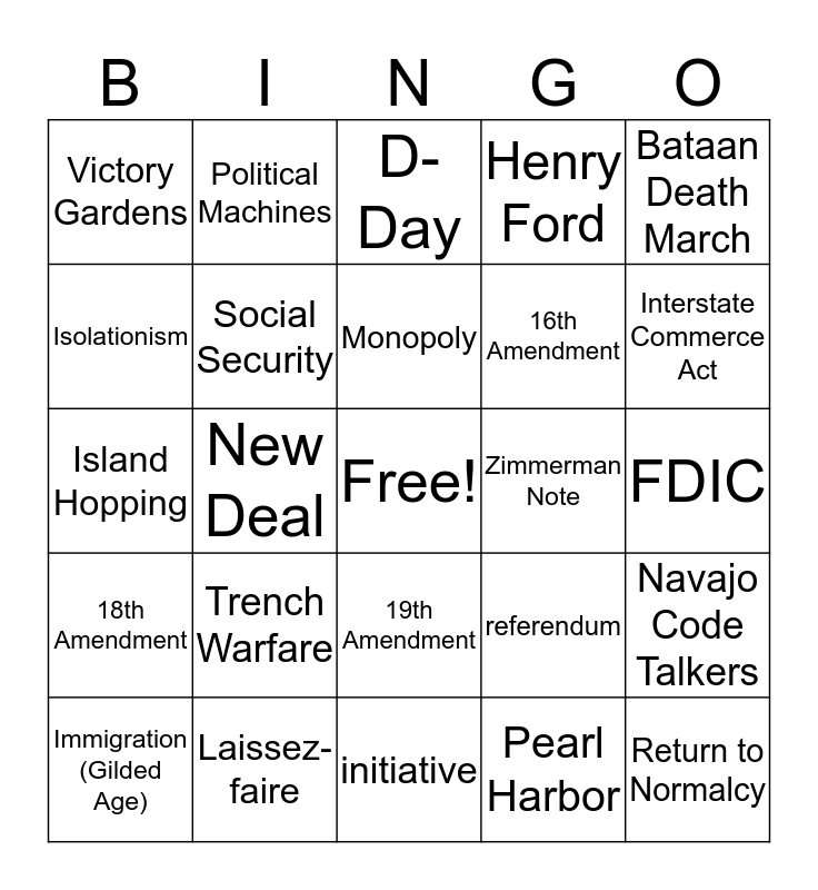 USH Semester Exam Review Bingo Card