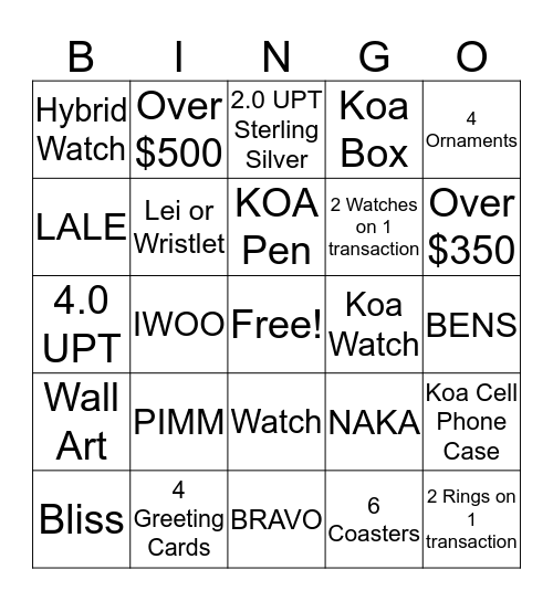 Westin Bingo Card