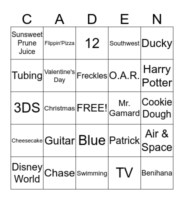 CADEN BINGO Card