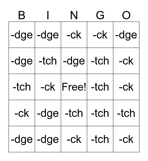 dge/ck/tch endings Bingo Card