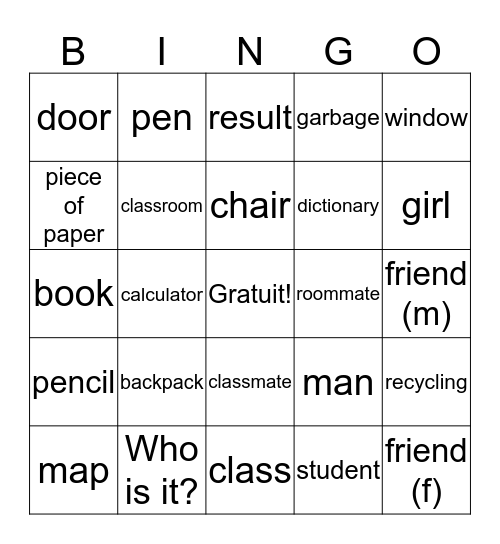 1B: La Salle de Classe Bingo Card