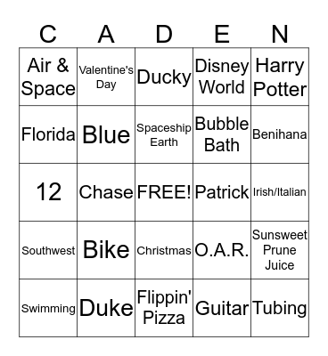 CADEN BINGO Card