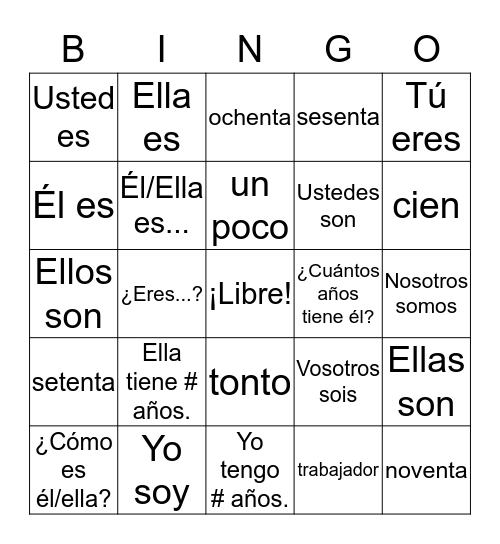 Descriptive Adjectives/Ser/How old are you? Bingo Card