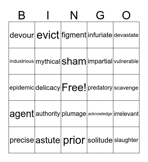 Vocabulary  Bingo Card