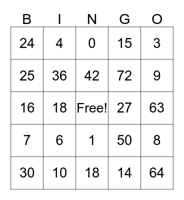Multiplication Bingo Card