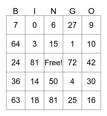 Multiplication Bingo Card