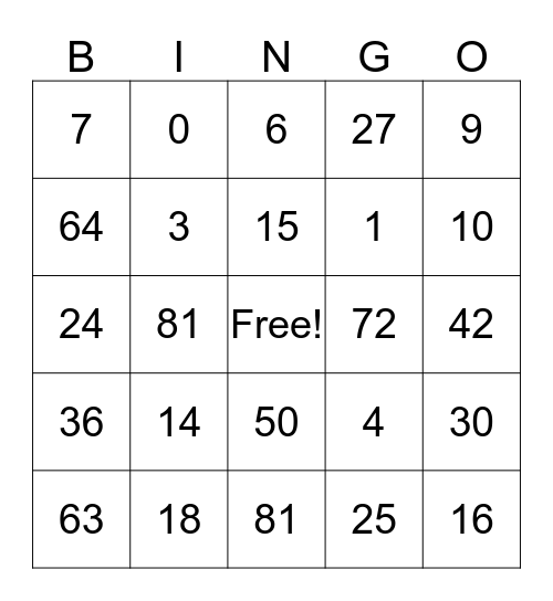 Multiplication Bingo Card