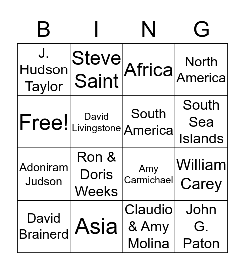 Missionaries Around the World Bingo Card