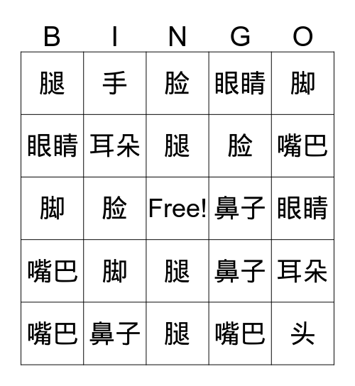 头 脸 眼睛 耳朵 鼻子 嘴巴 腿 手 脚 Bingo Card