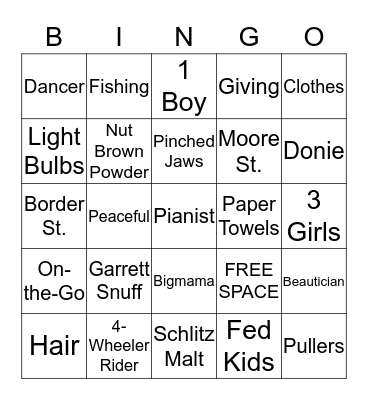 Bubba and Donie's Family Christmas 2018 Bingo Card