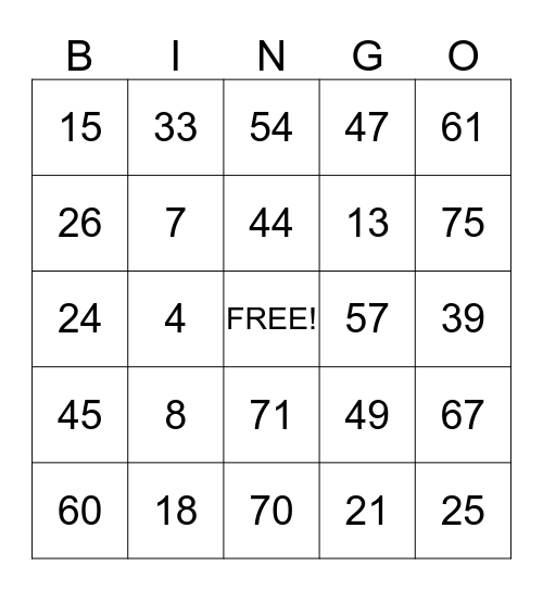 B  I  N  G  O Bingo Card