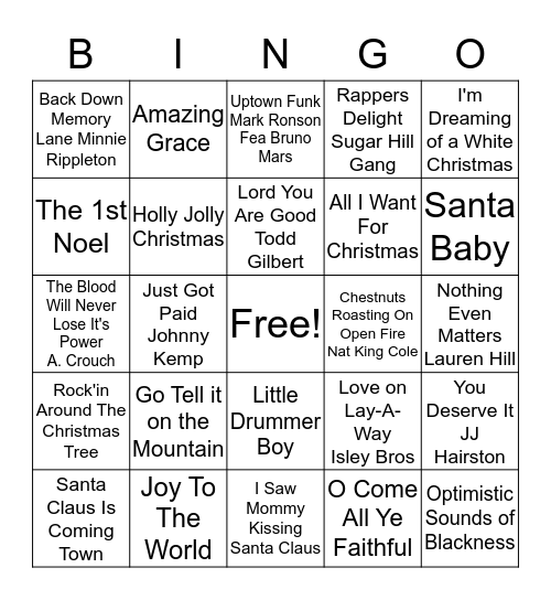 UBC CHRISTMAS MUSIC BINGO	 Bingo Card