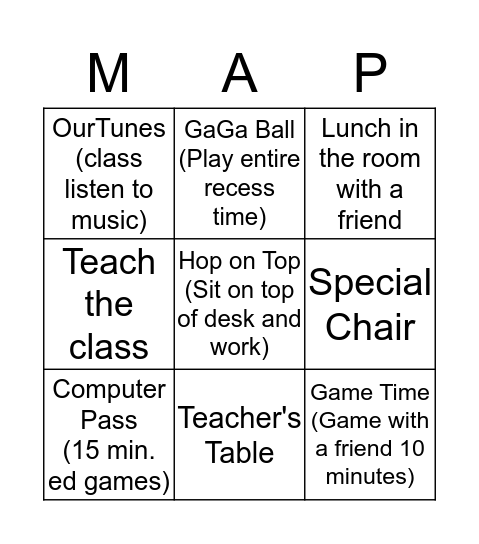 MAP Rewards  Bingo Card