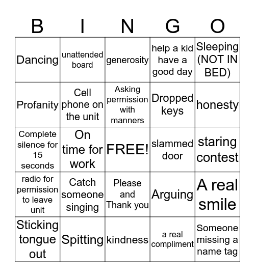 Behavior Bingo Card