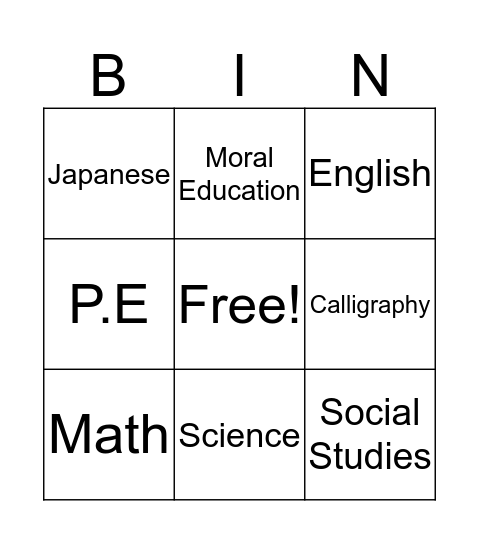 Subjects Bingo Card