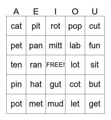 Vowelo Bingo Card