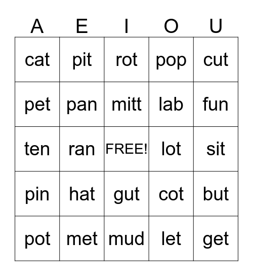 Vowelo Bingo Card