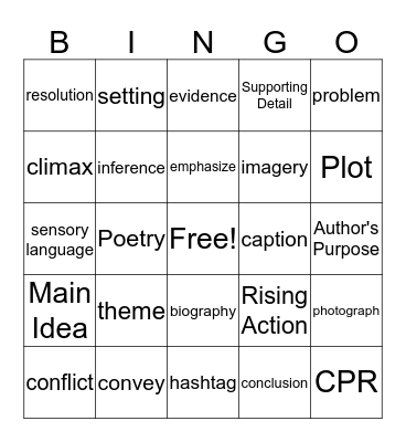 Reading Vocabulary Review Bingo Card