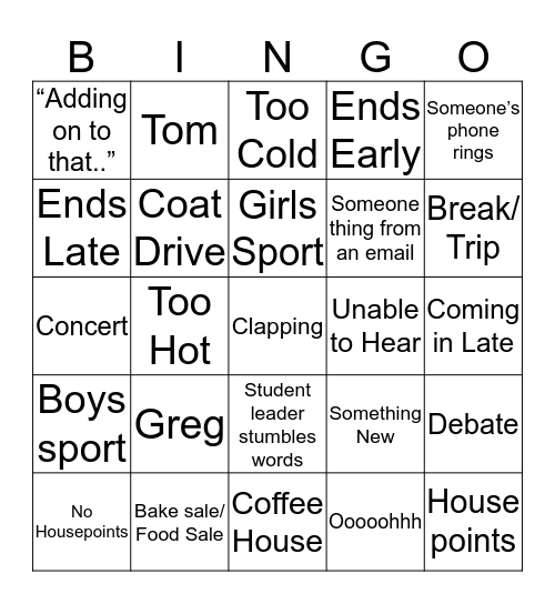 Assembly Bingo Card